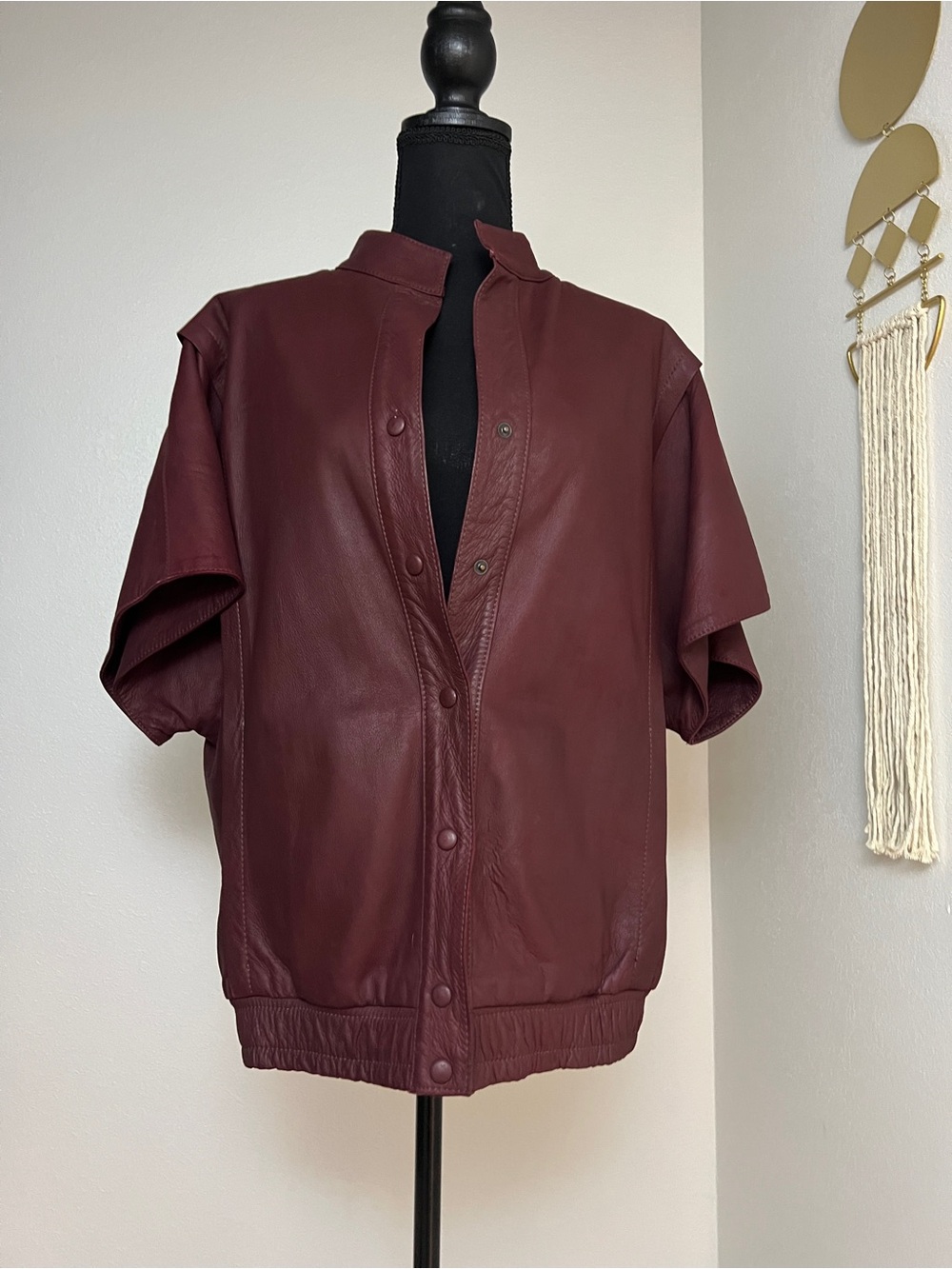 Vintage Leather Short Sleeve Bomber Blouson Jacket, Burgundy, Size Small-Medium
